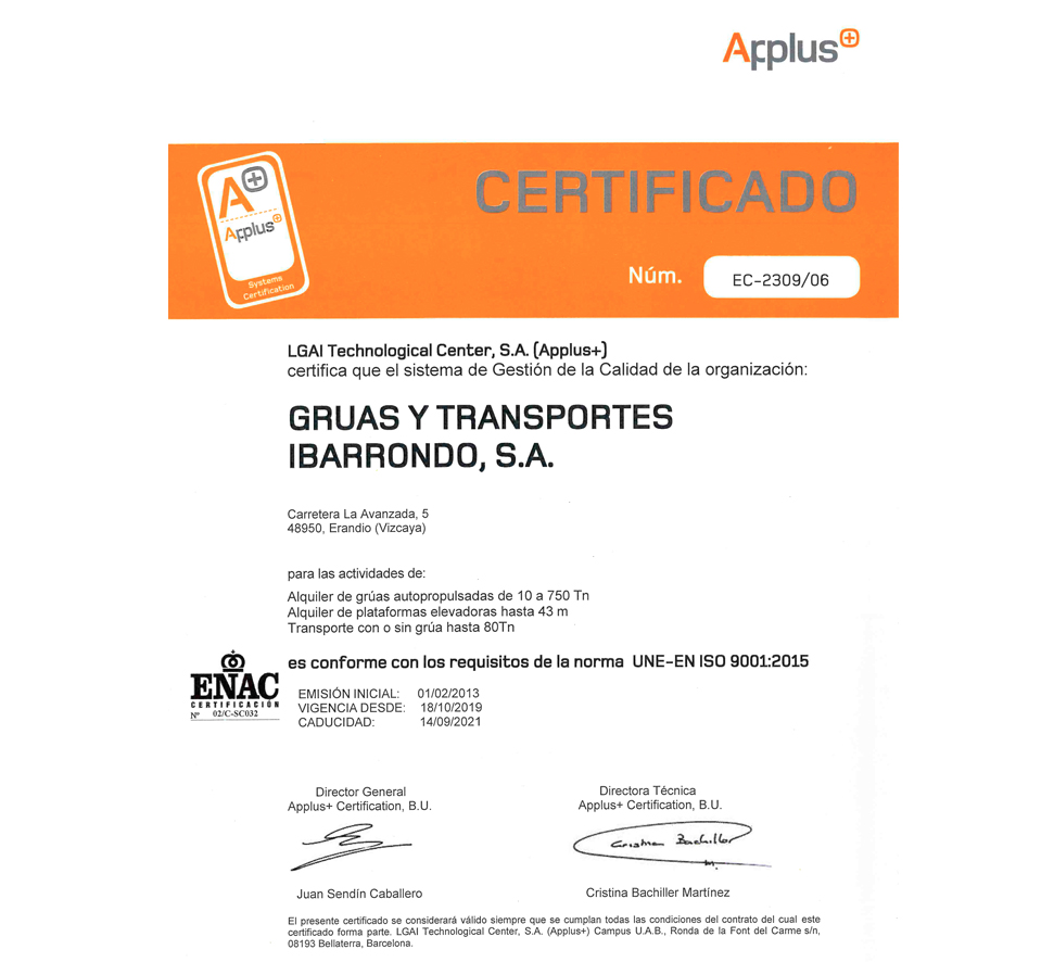gruas ibarrondo certificado Gruas Ibarrondo